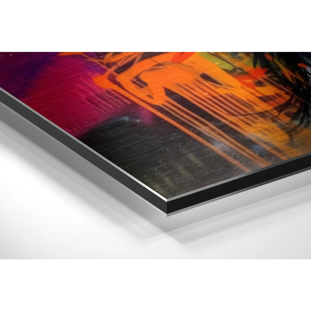 Glass Wall Art Black and orange abstract art print on brushed aluminium dibond