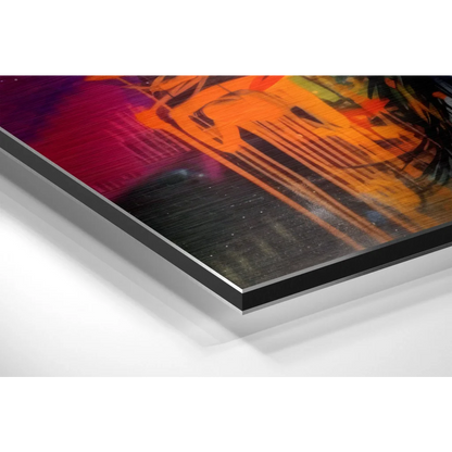 Black and orange abstract art print on brushed aluminium dibond