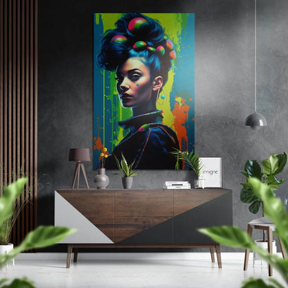 Vibrant abstract woman with blue hair on brushed aluminium dibond print