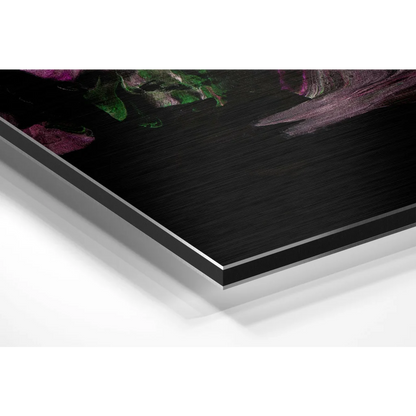 Stunning black floral brushed aluminium dibond art print in silver frame