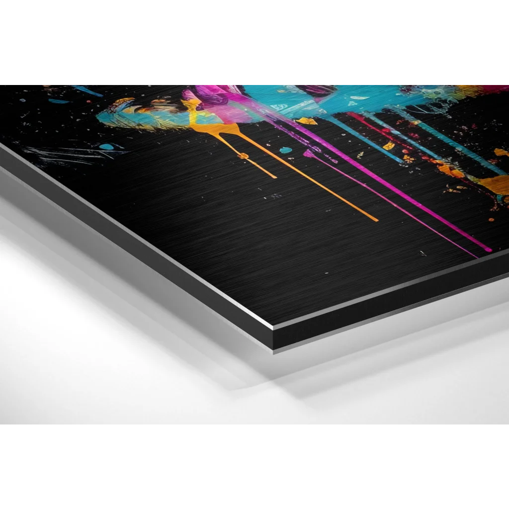 Glass Wall Art Vibrant abstract paint splatter on brushed aluminium dibond panel
