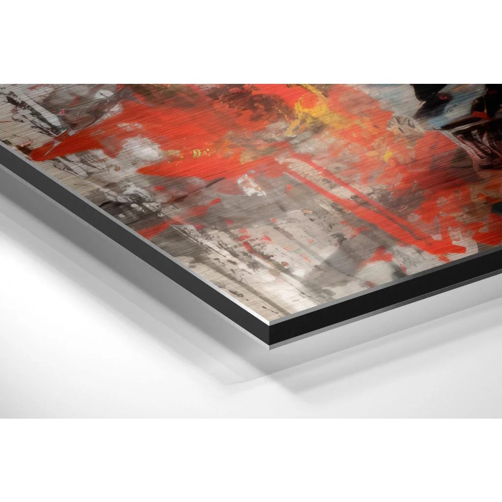 Bold red, gray, yellow abstract art on brushed aluminium dibond print