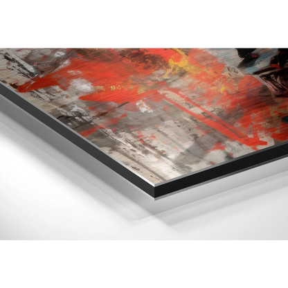 Bold red, gray, yellow abstract art on brushed aluminium dibond print