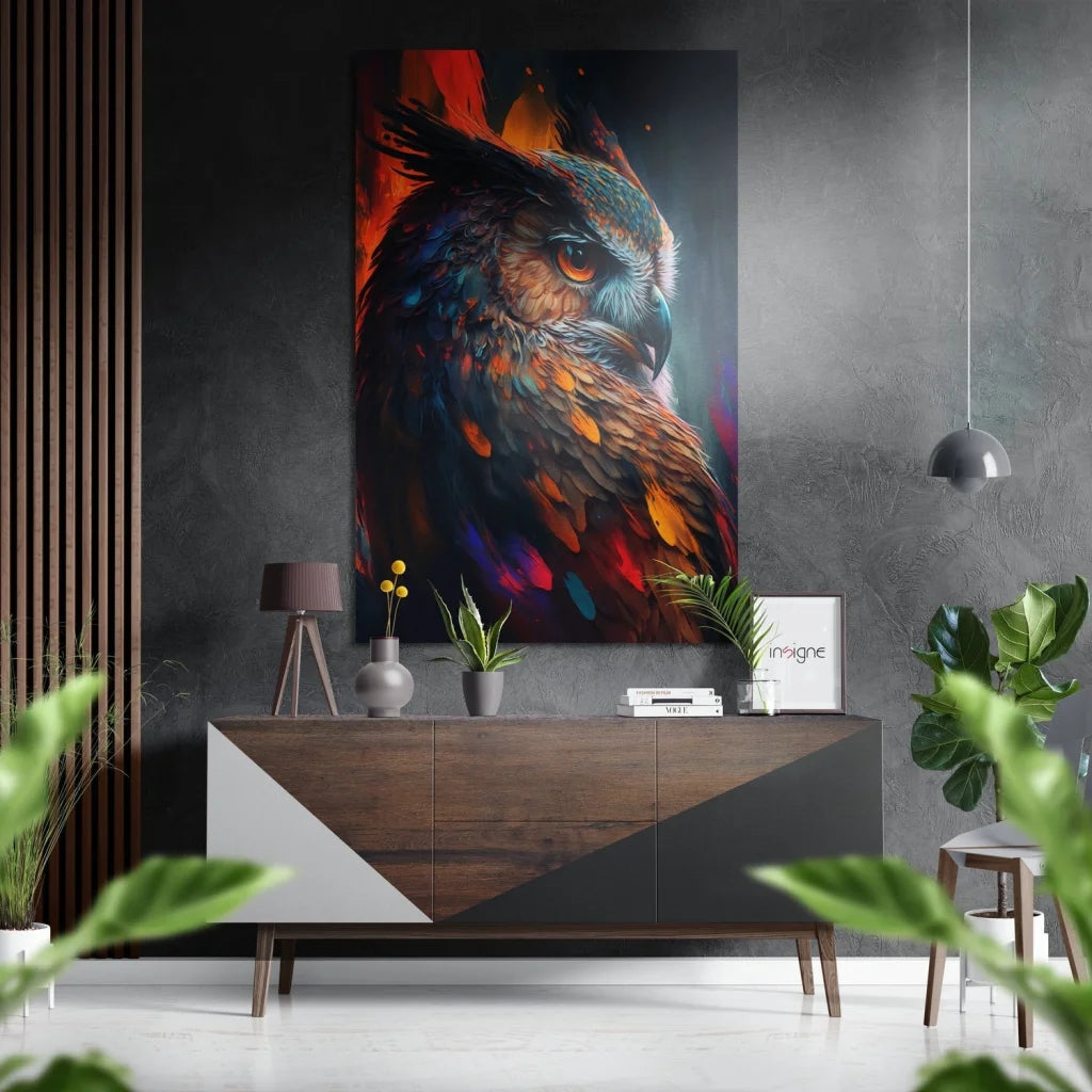 Vibrant abstract owl art print on brushed aluminium dibond above console