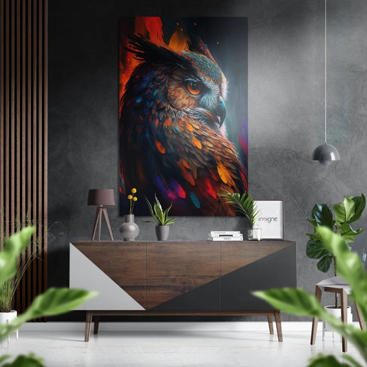 Vibrant abstract owl art print on brushed aluminium dibond above console