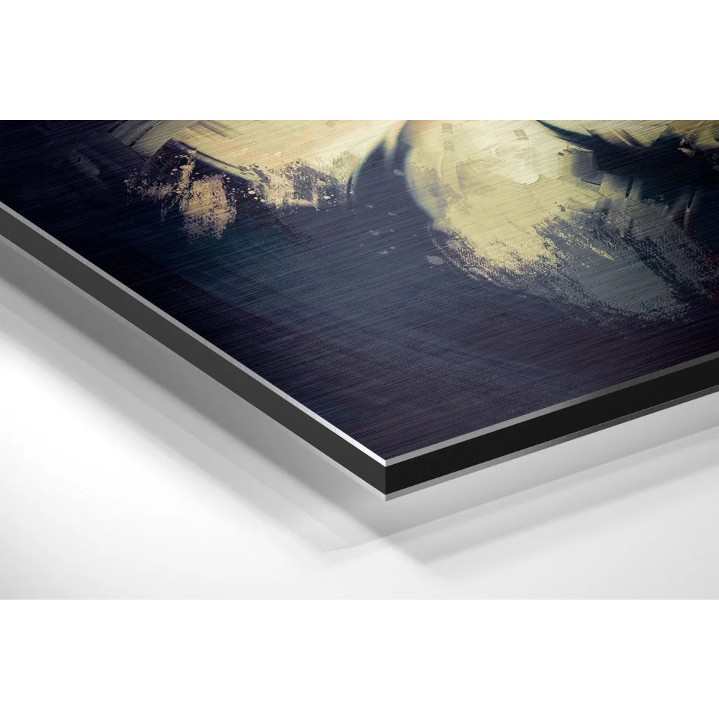 Black and gold abstract art print on white wall, brushed aluminium dibond