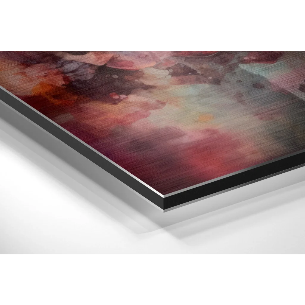 Stunning brushed aluminium dibond abstract art print with swirling red, pink hues