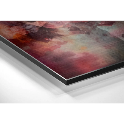 Stunning brushed aluminium dibond abstract art print with swirling red, pink hues