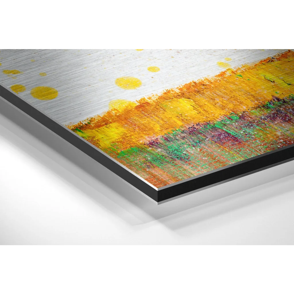 Vibrant yellow orange splatters on brushed aluminium dibond art print