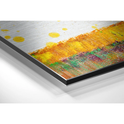 Vibrant yellow orange splatters on brushed aluminium dibond art print