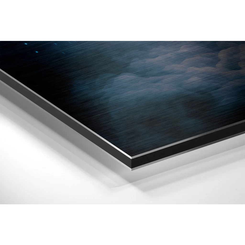 Glass Wall Art Black and blue abstract art on brushed aluminium dibond print