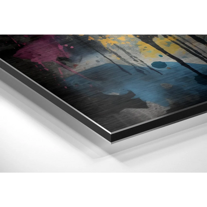 Stunning brushed aluminium dibond abstract art print with vibrant color splashes