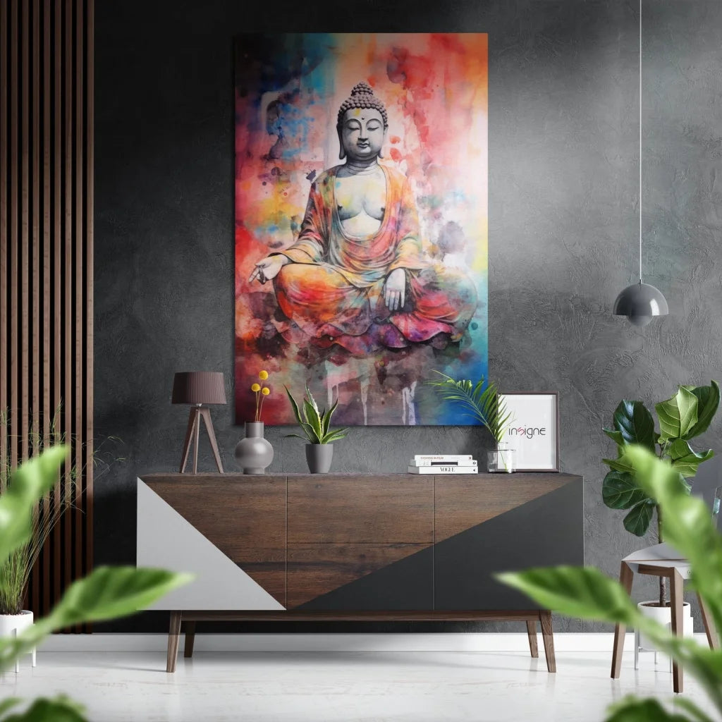 Vibrant watercolor meditating Buddha on brushed aluminium dibond print
