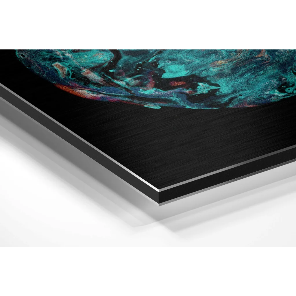 Green and black abstract art on brushed aluminium dibond print