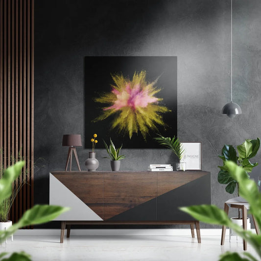 Vibrant pink yellow powder burst on black, brushed aluminium dibond art print
