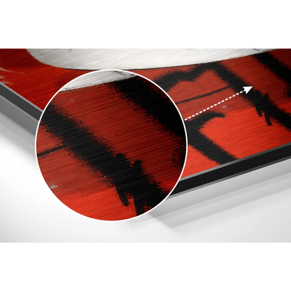 Red and black abstract art on brushed aluminium dibond print
