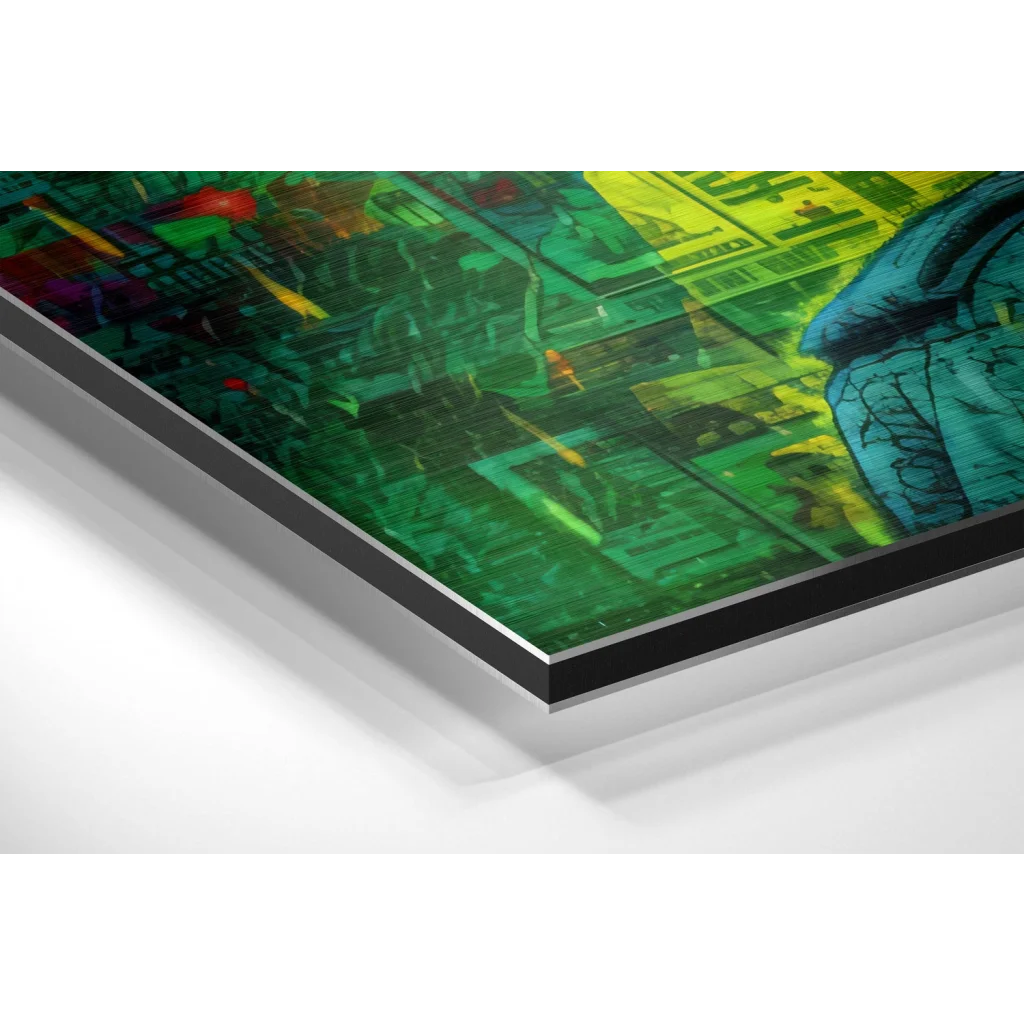 Green yellow circuit board art print on black frame, brushed aluminium dibond