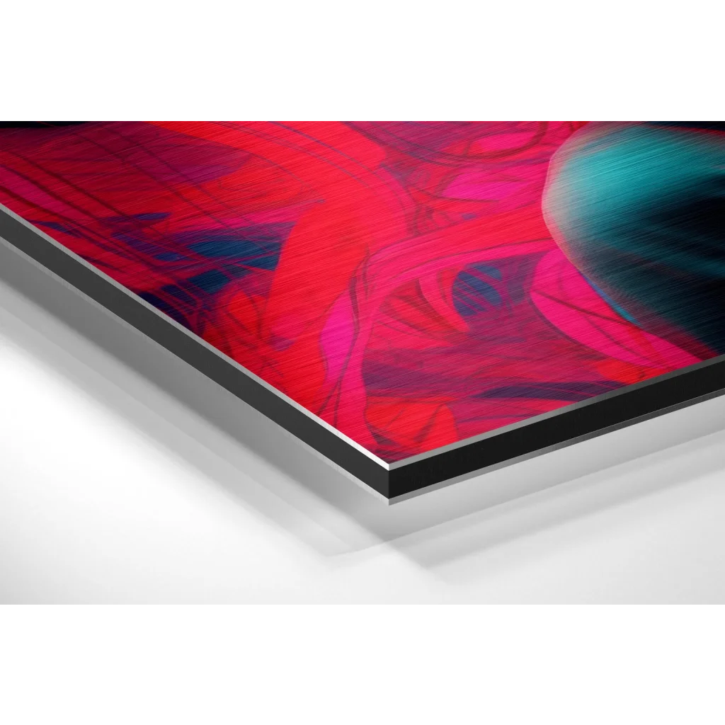 Glass Wall Art Red and pink abstract art print on black frame, brushed aluminium dibond