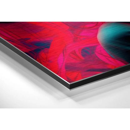 Red and pink abstract art print on black frame, brushed aluminium dibond