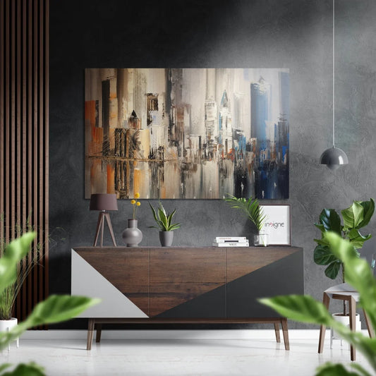 Vibrant geometric cityscape abstract art on brushed aluminium dibond canvas