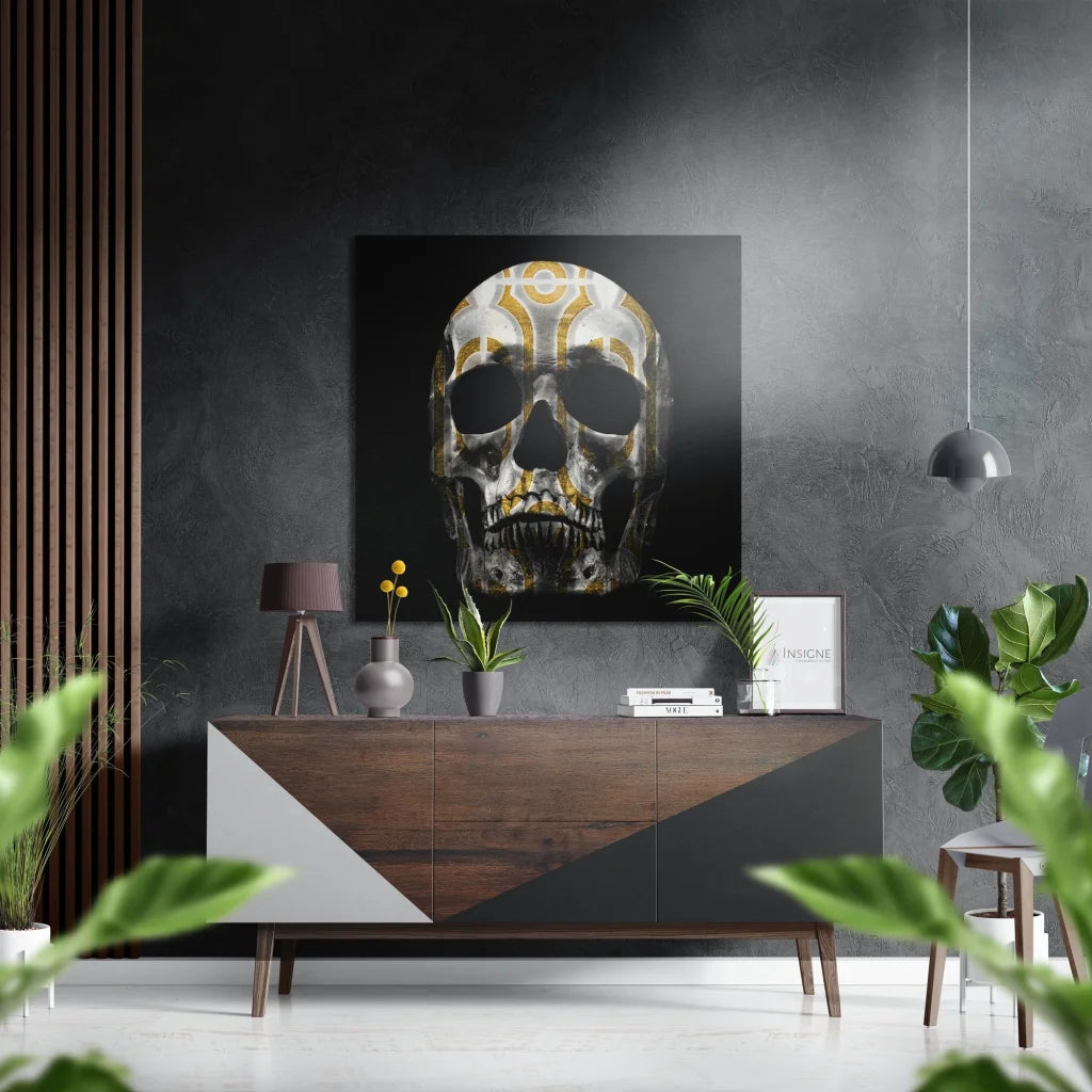 Stunning black and gold skull art on brushed aluminium dibond