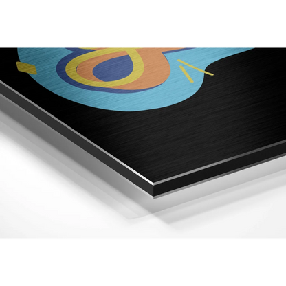 Stunning brushed aluminium dibond abstract art with bold blue, orange, yellow geometric shapes in black metal frame