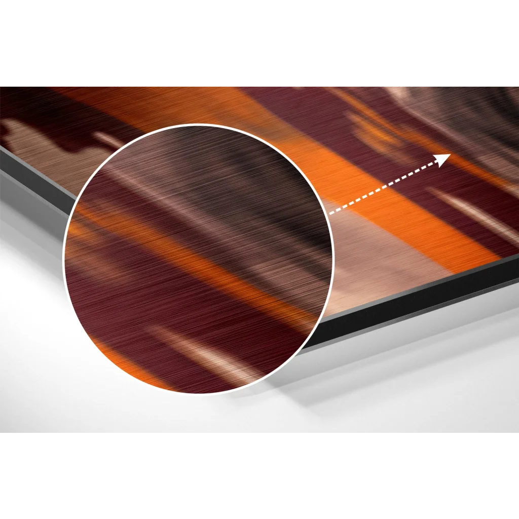 glass wall art Sleek brushed aluminium dibond abstract wall art with maroon orange stripes