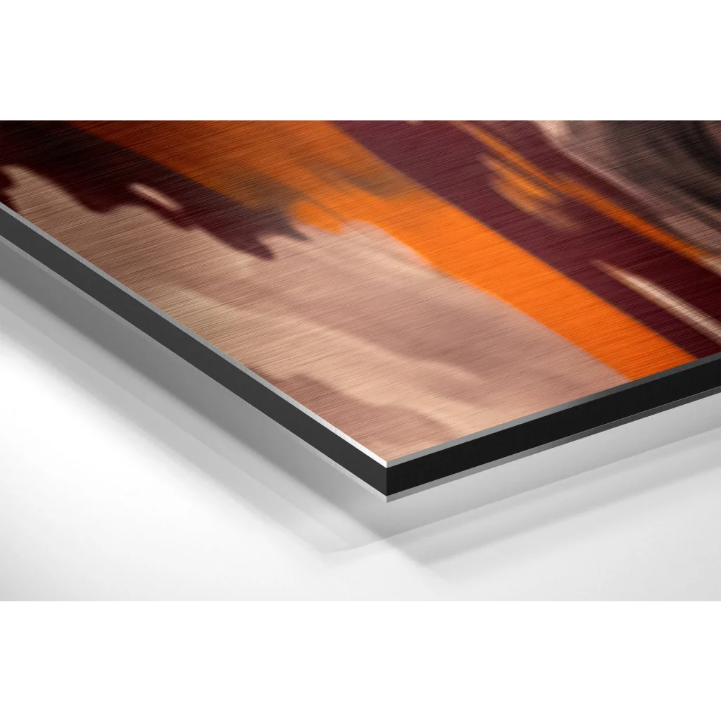 Stunning brushed aluminium dibond abstract wall art with warm orange brushstrokes