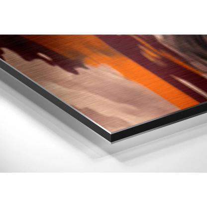 Stunning brushed aluminium dibond abstract wall art with warm orange brushstrokes