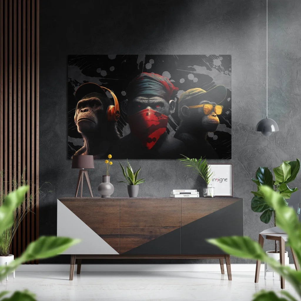 Stylish black canvas art of three monkeys in urban vibe with headphones on brushed aluminium dibond
