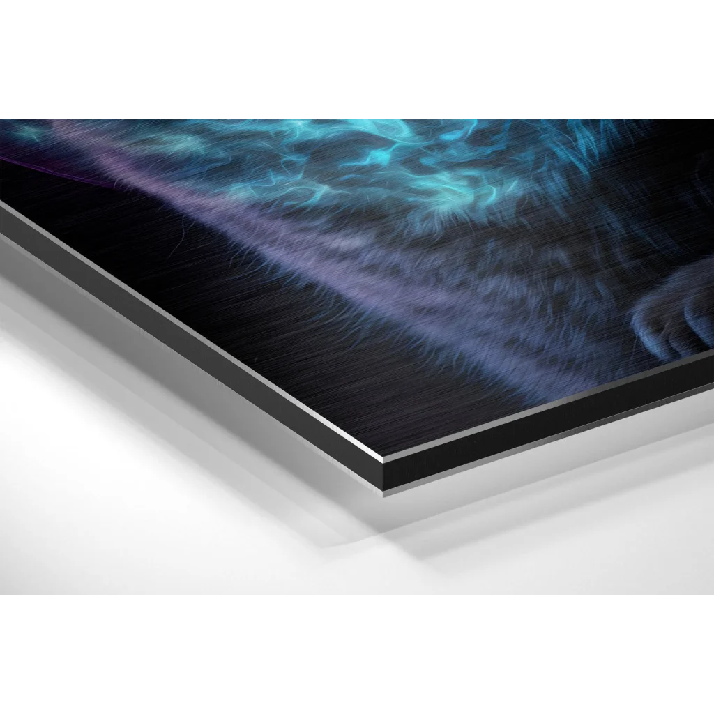 Sleek black acrylic print with blue purple abstract design on brushed aluminium dibond