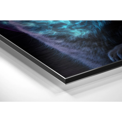 Sleek black acrylic print with blue purple abstract design on brushed aluminium dibond