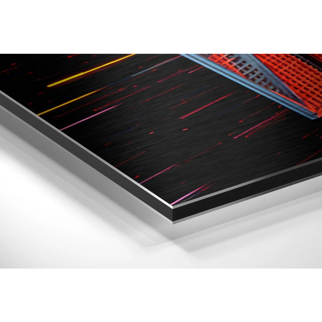 Vibrant red yellow pink streaks on black framed brushed aluminium dibond art print