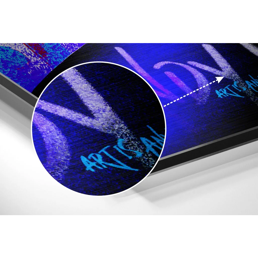 glass wall art Vibrant blue abstract brushed aluminium dibond print in black frame