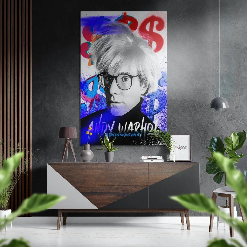 Vibrant Warhol graffiti portrait on brushed aluminium dibond with bold dollar signs
