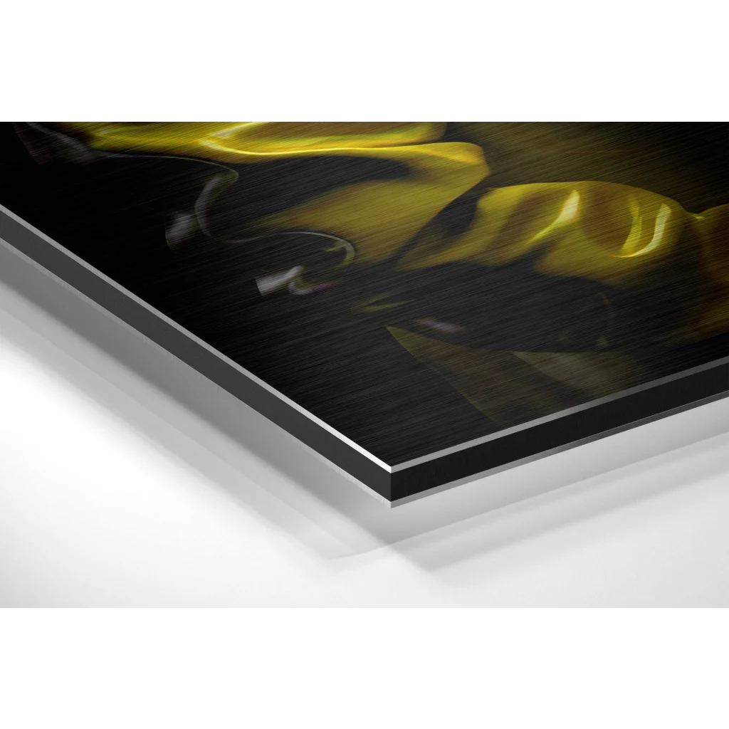Black metal-framed glossy yellow fabric art print on brushed aluminium dibond