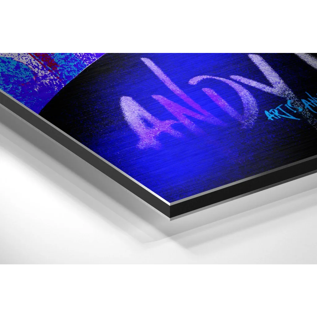 Vibrant blue abstract Aloy print on brushed aluminium dibond