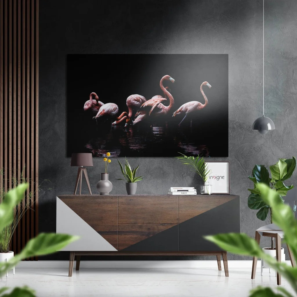 Stunning black-and-white pink flamingos on brushed aluminium dibond print