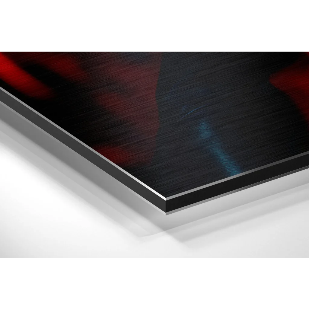 Glass Wall Art Black brushed aluminium dibond art print with red blue abstract design