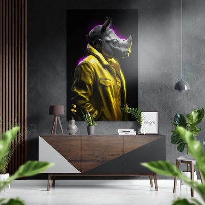 Stylized rhino in yellow jacket on brushed aluminium dibond print
