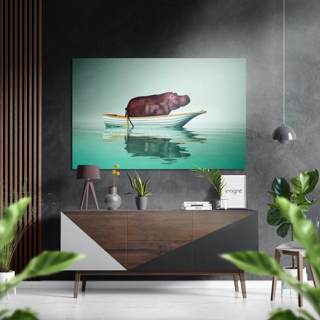 Serene brown hippo in rowboat on turquoise water, brushed aluminium dibond print