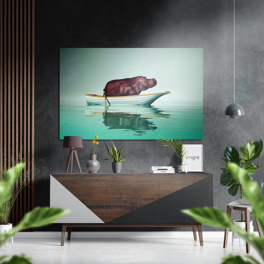 Serene brown hippo in rowboat on turquoise water, brushed aluminium dibond print