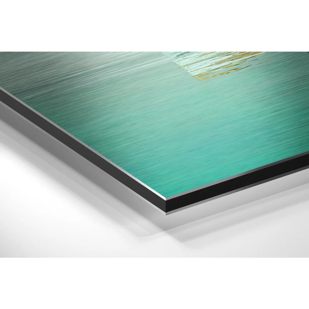 Teal metallic abstract brushed aluminium dibond art print with gold accents