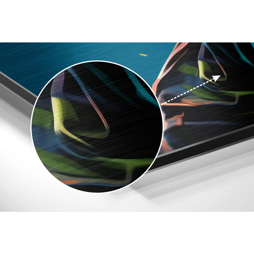 Vibrant green black Samsung QLED TV on brushed aluminium Dibond print