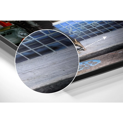 Stunning silver solar panel with blue white design on brushed aluminium dibond print