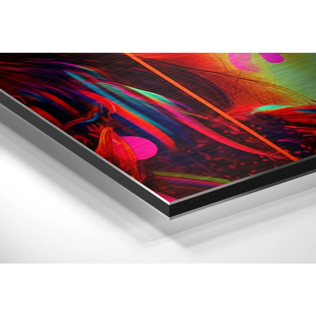 Vibrant neon abstract art on brushed aluminium dibond print in sleek frame