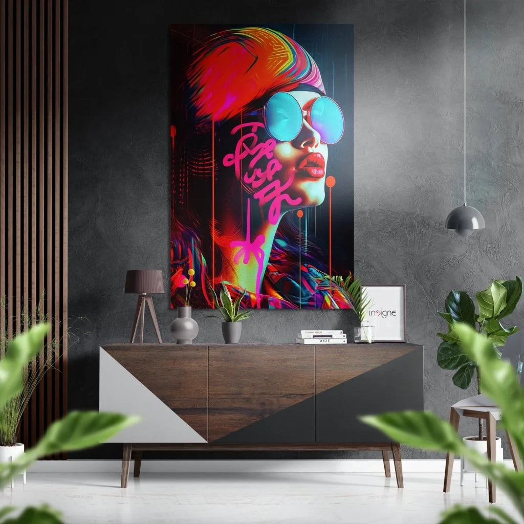 Vibrant pop-art woman in teal sunglasses on brushed aluminium dibond print