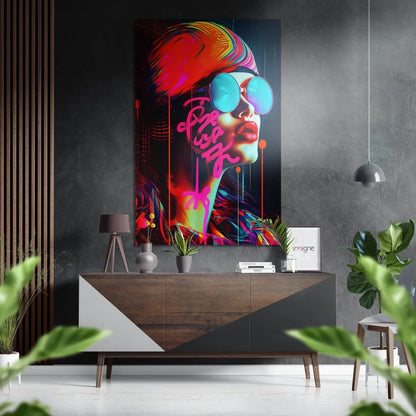 Vibrant pop-art woman in teal sunglasses on brushed aluminium dibond print