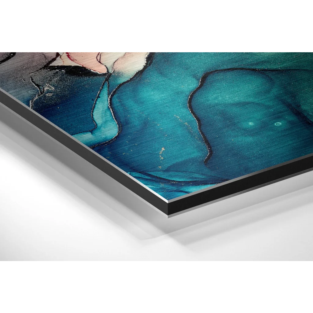 Teal white abstract art in brushed aluminium dibond black frame