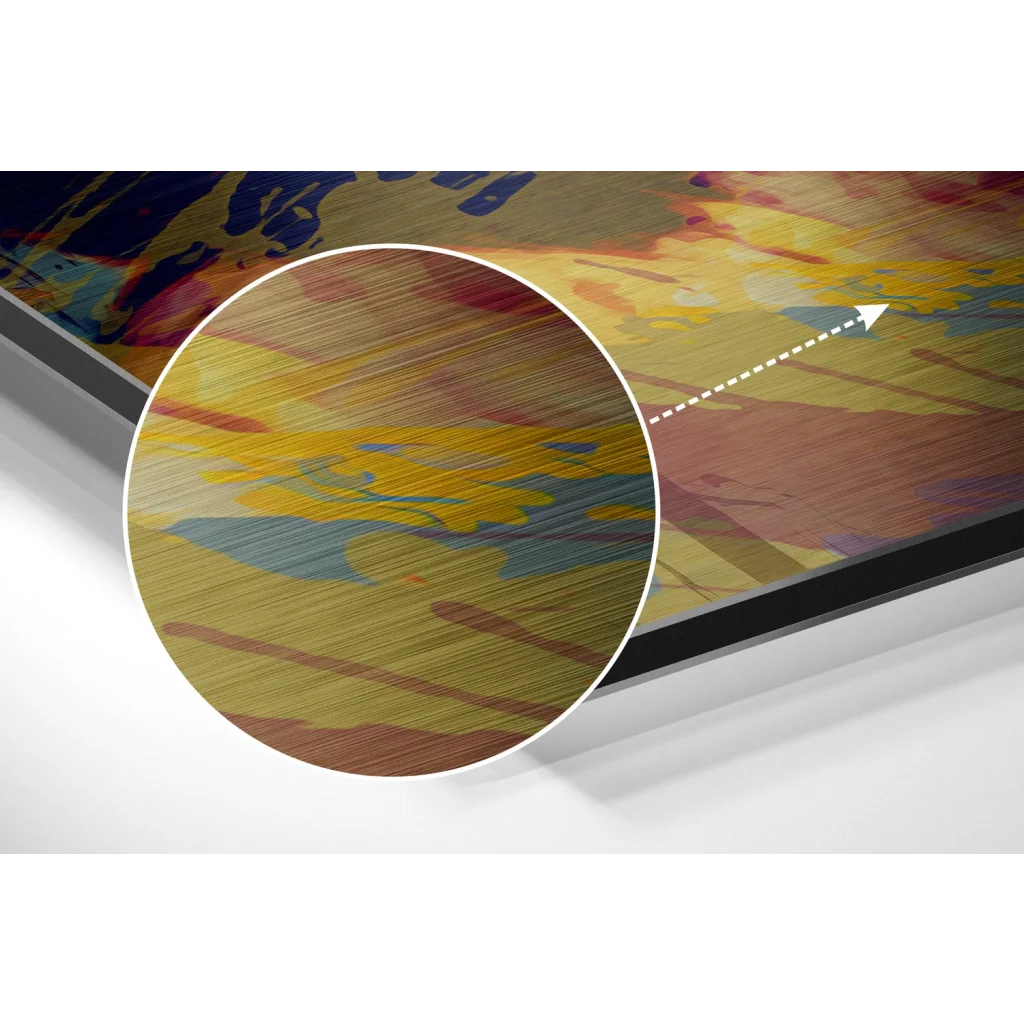 Vibrant abstract canvas print on brushed aluminium dibond with yellow, blue tones